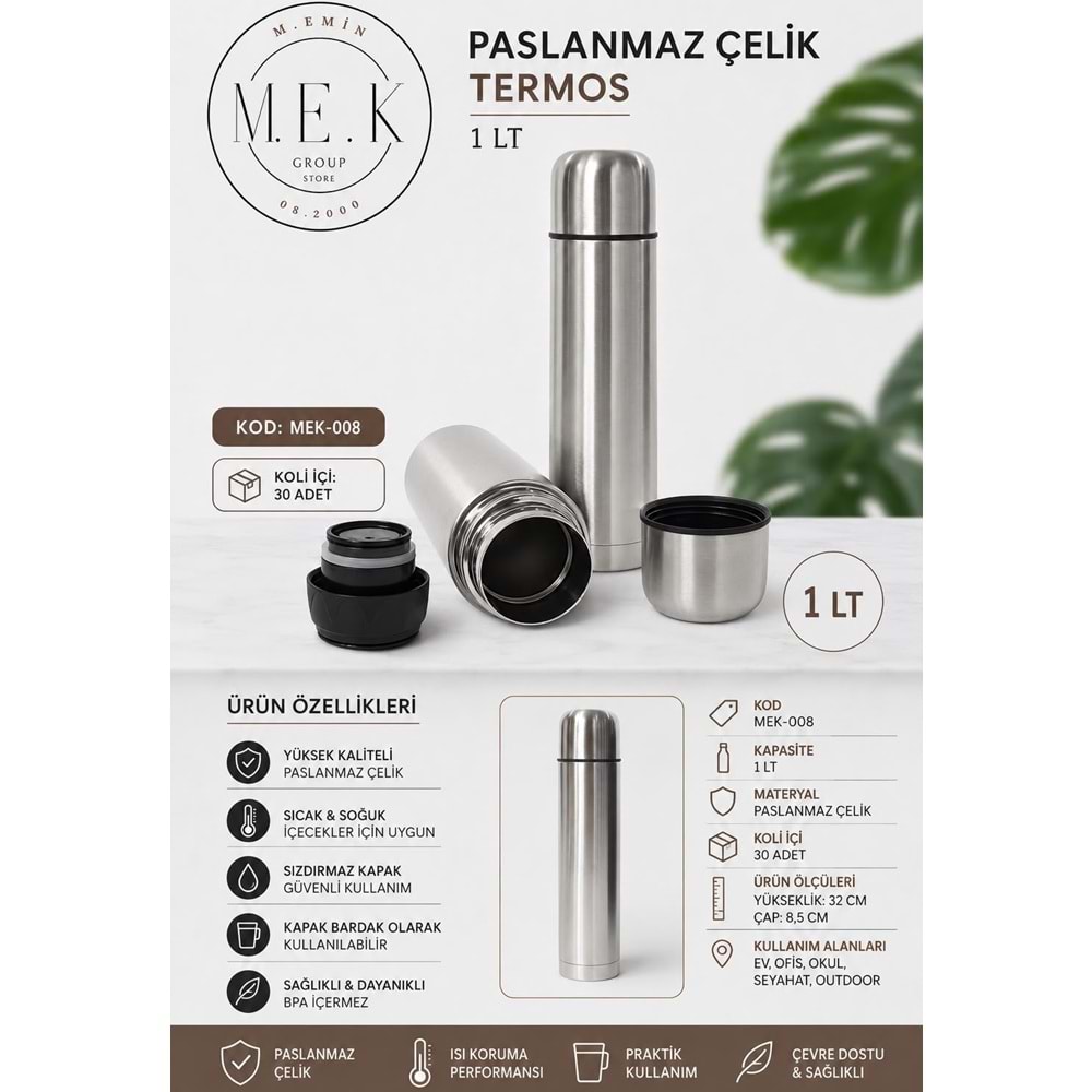 MEK ÇELİK 1LT MERMİ TERMOS*30