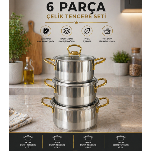 BARON 14-16-18 DÜZ GÜVEÇ TENCERE SETİ GOLD KULP*6