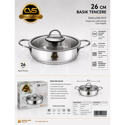 CVS 304 ÇELİK 26 CM BASIK TENCERE*5