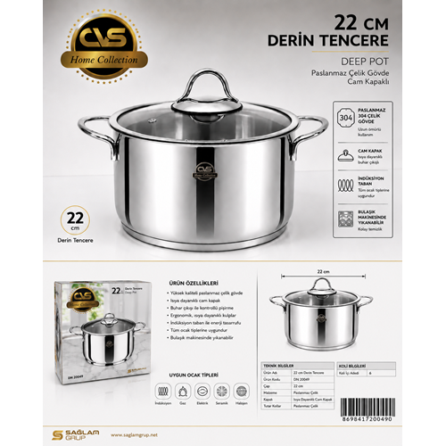 CVS 304 ÇELİK 22 CM DERİN TENCERE *6
