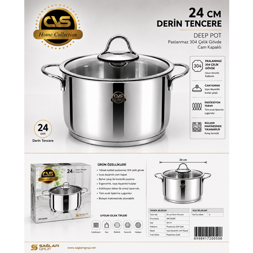 CVS 304 ÇELİK 24 CM DERİN TENCERE*6