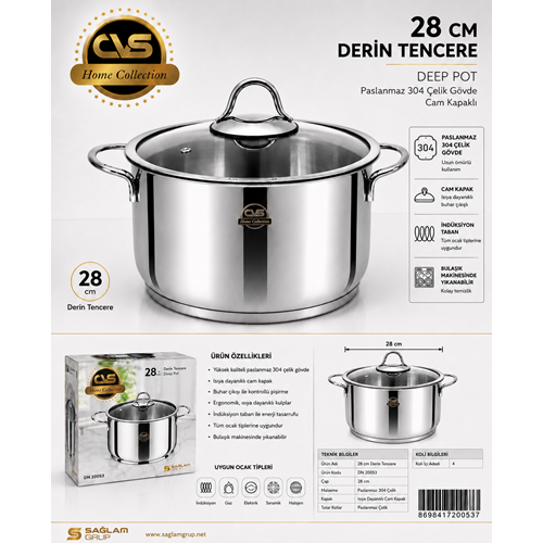 CVS 304 ÇELİK 28 CM DERİN TENCERE*4