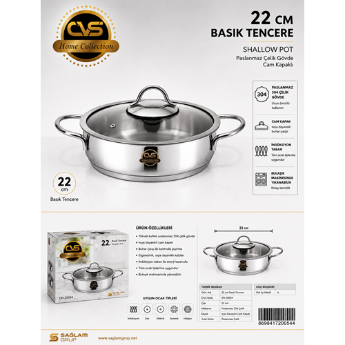CVS 304 ÇELİK 22 CM BASIK TENCERE*6