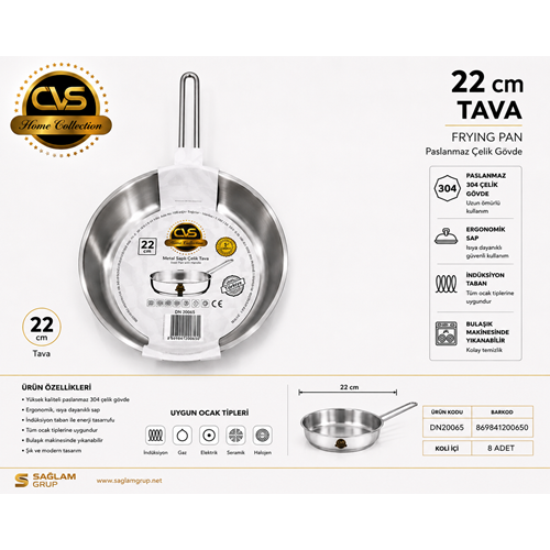 CVS 304 ELİT PLATİN KULP 22 CM ÇELİK TAVA*8