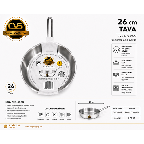 CVS 304 ELİT PLATİN KULP 26 CM ÇELİK TAVA*8