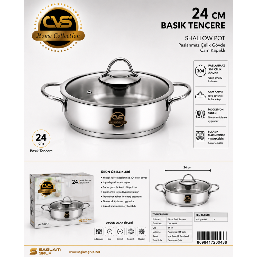 CVS 304 ÇELİK 24 CM BASIK TENCERE*6